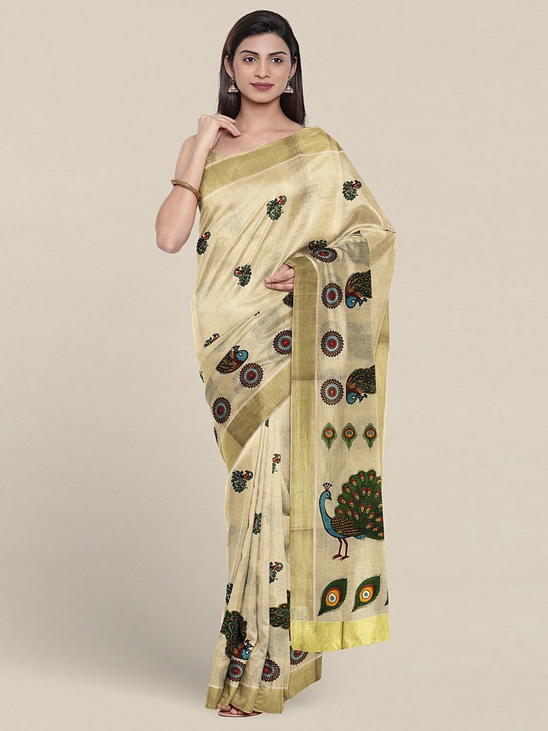 

Pothys Ethnic Motifs Printed Zari Detailed Pure Cotton Saree, Cream