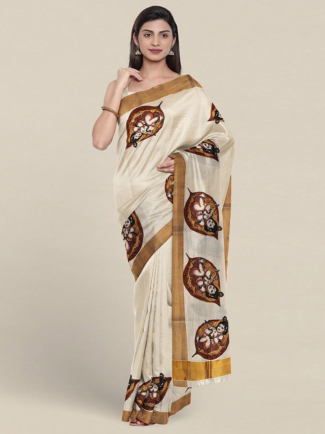 

Pothys Bal Krishna Ethnic Motifs Printed Zari Pure Cotton Saree, Cream