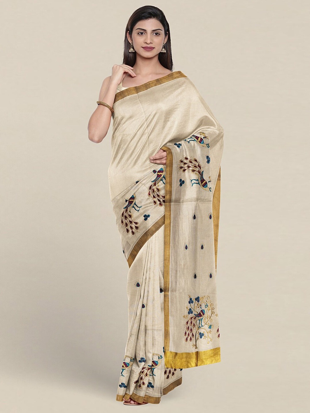 

Pothys Ethnic Motifs Embroidered Zari Detailed Pure Cotton Saree, Cream