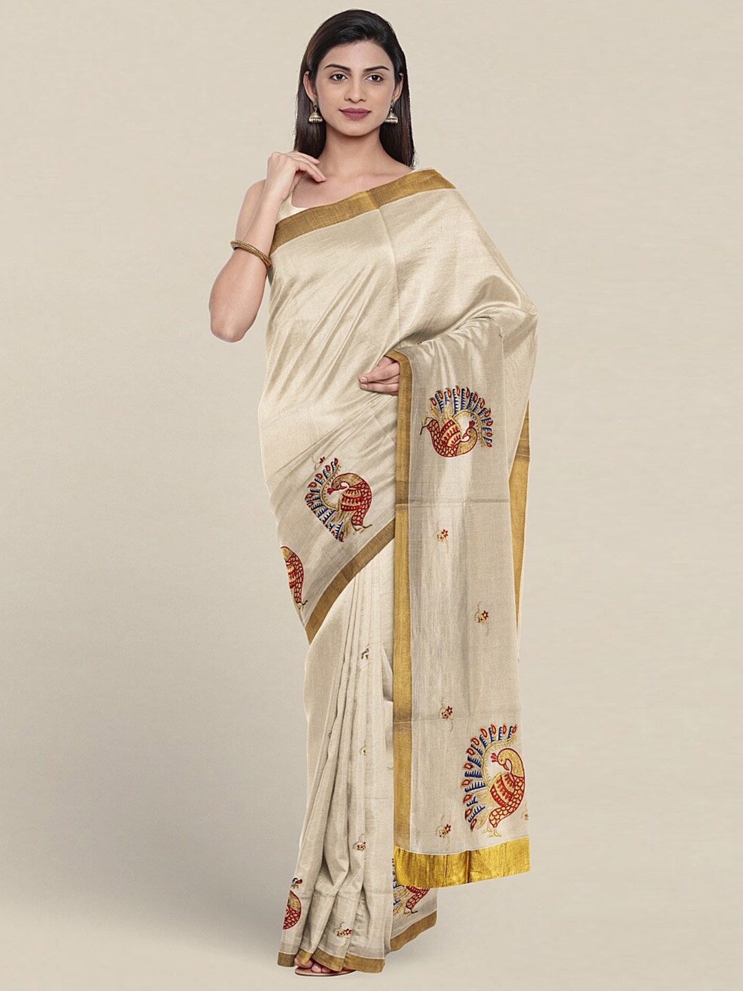 

Pothys Conversational Embroidered Zari Pure Cotton Saree, Cream