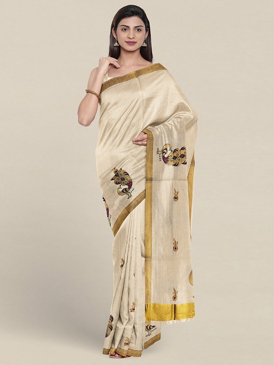 

Pothys Conversational Embroidered Pure Cotton Saree, Cream