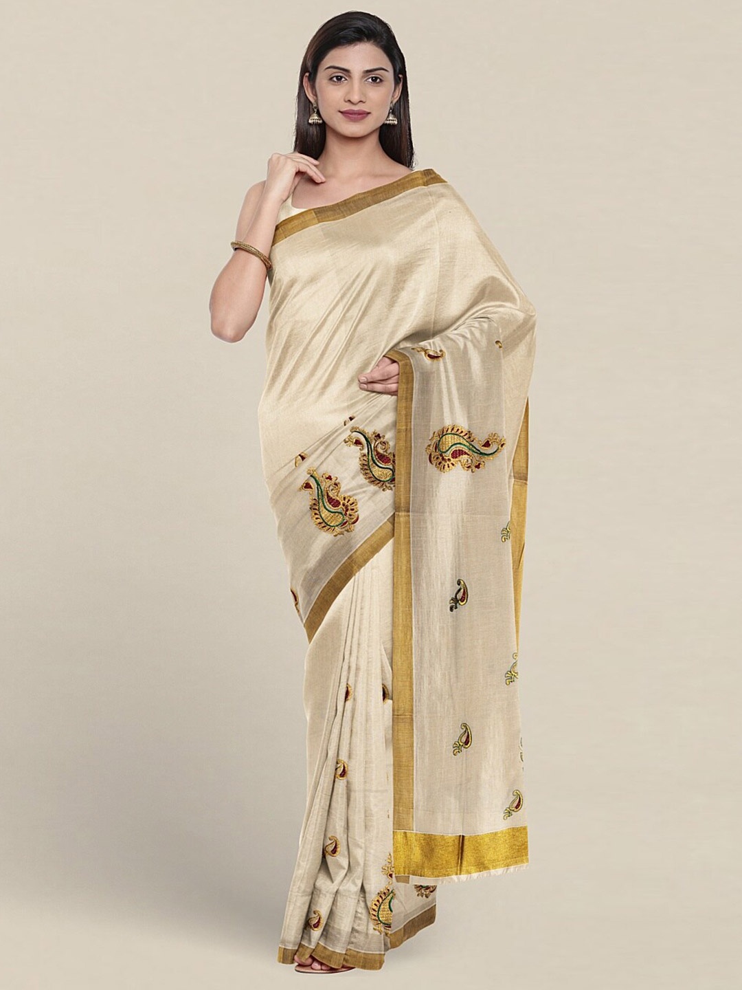 

Pothys Ethnic Motifs Embroidered Zari Pure Cotton Onam Saree, Cream