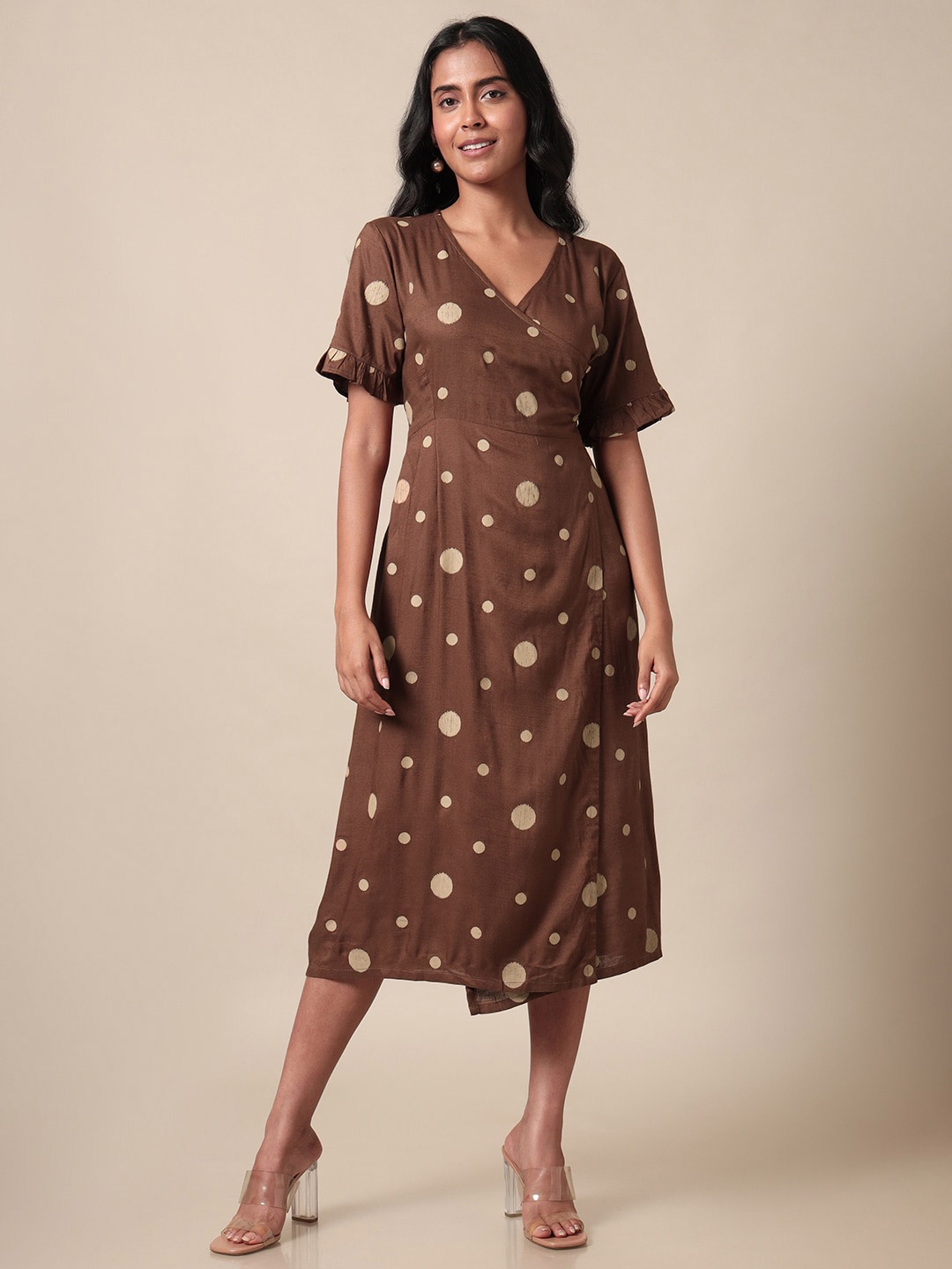 

Saaki Polka Dot Print V-Neck A-Line Dress, Brown