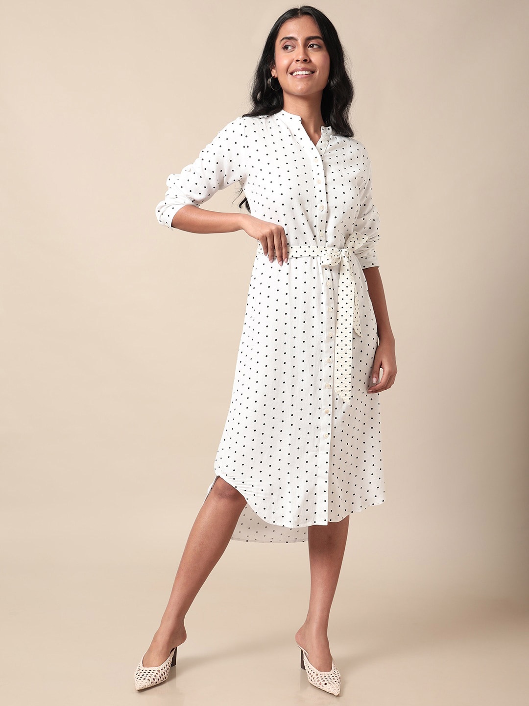 

Saaki Polka Dot Printed Mandarin Collar Silk Sheath Midi Dress, White