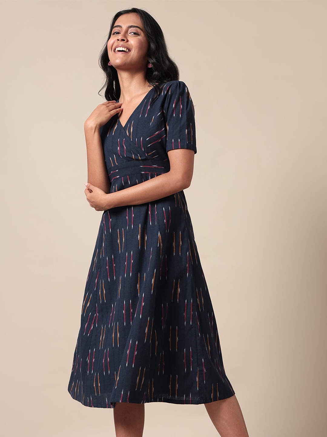 

Saaki Geometric Printed V-Neck Puff Sleeves Gathered Cotton A-Line Midi Dress, Navy blue