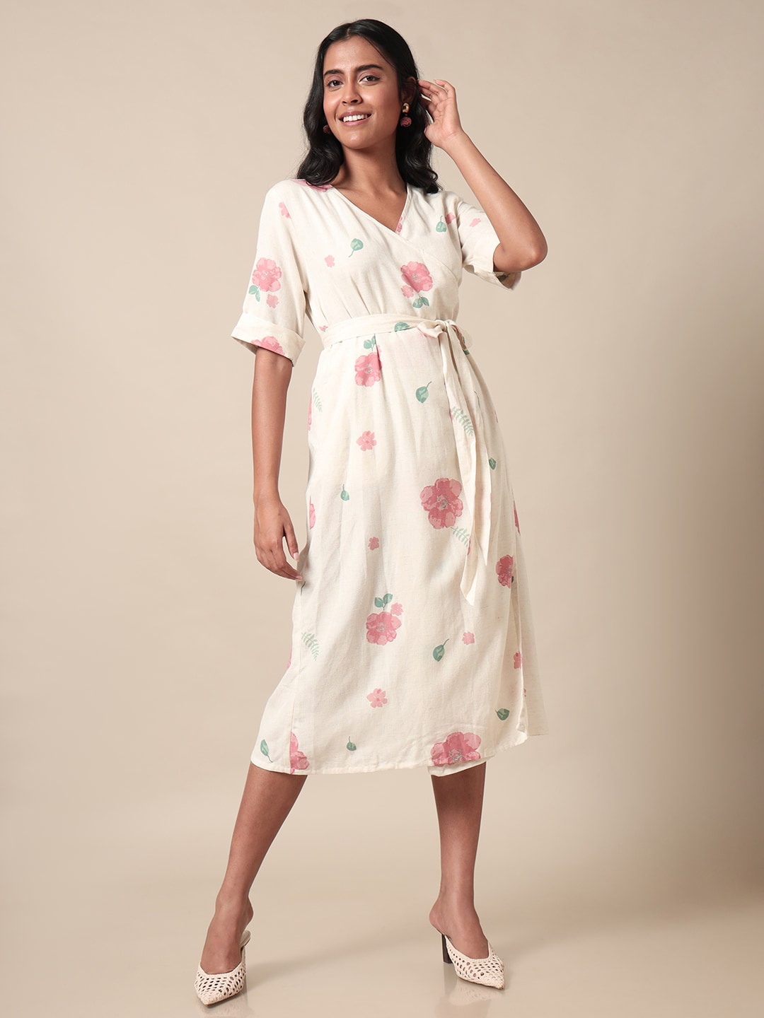 

Saaki Floral Printed V-Neck Roll-Up Sleeves Belted Cotton A-Line Midi Dress, Off white