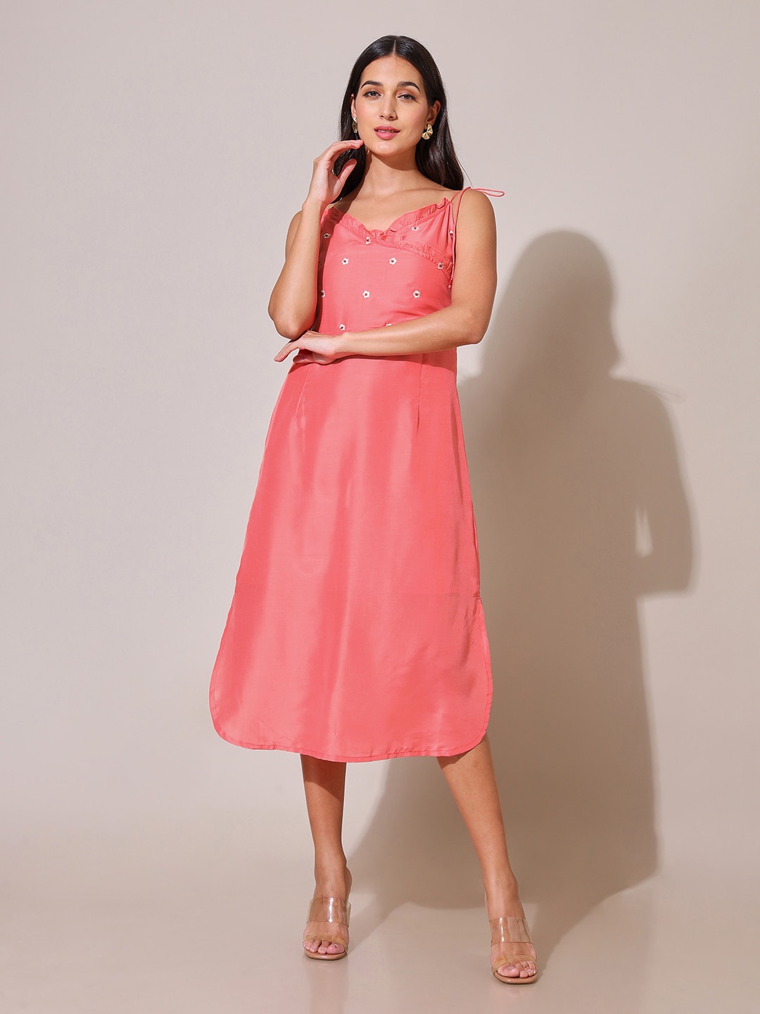 

Saaki Peach Floral Embroidered Shoulder Strap Silk A-Line Midi Dress