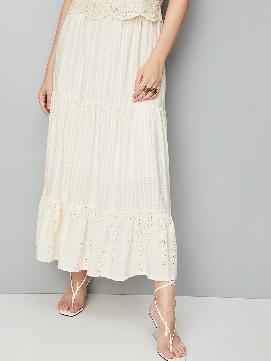 

max Checked pure Cotton Maxi Tiered Skirt, Off white