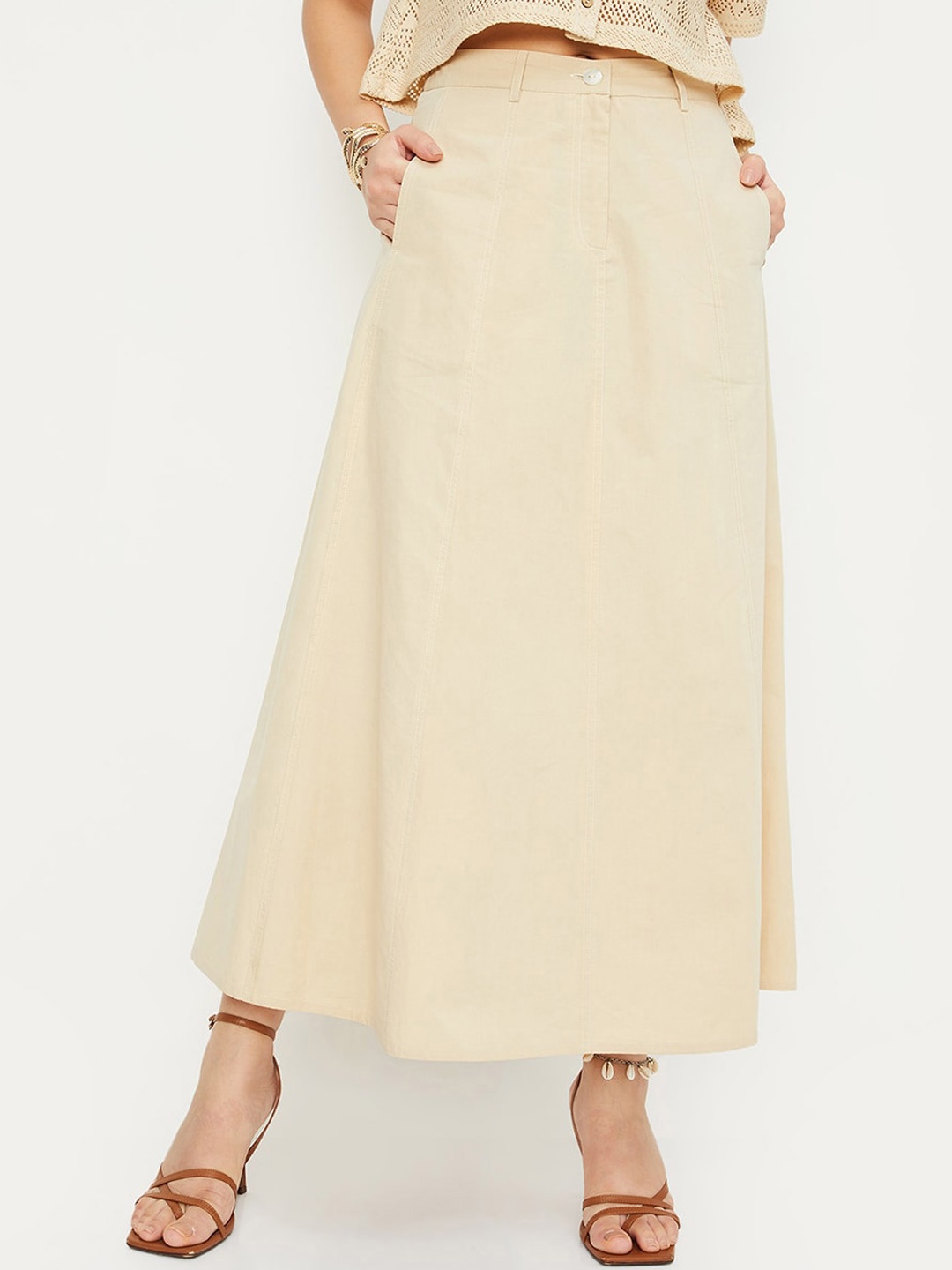 

max Flared Pure Cotton Maxi Skirt, Beige