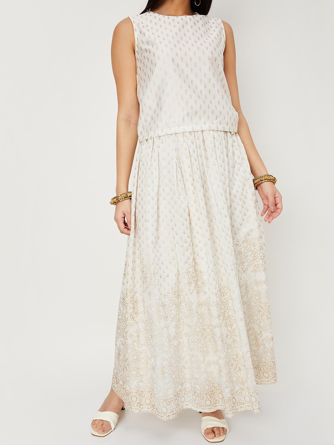 

max Ethnic Motif Printed Flared Maxi Skirt, Beige