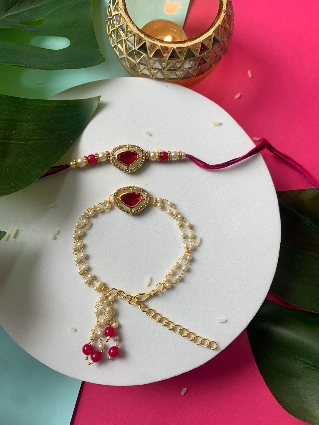 

I Jewels Bhaiya Bhabhi Rakhi Set with Roli Chawal & Card, Gold