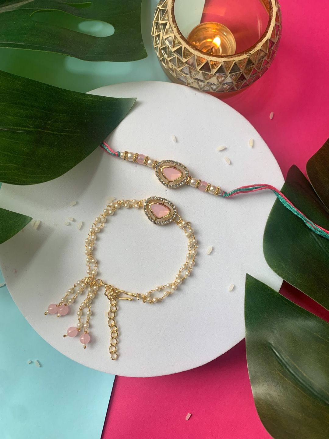 

I Jewels Bhaiya Bhabhi Rakhi Set with Roli Chawal & Card, Gold