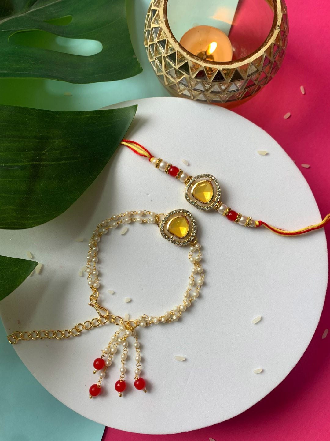 

I Jewels Bhaiya Bhabhi Rakhi Set with Roli Chawal & Card, Gold