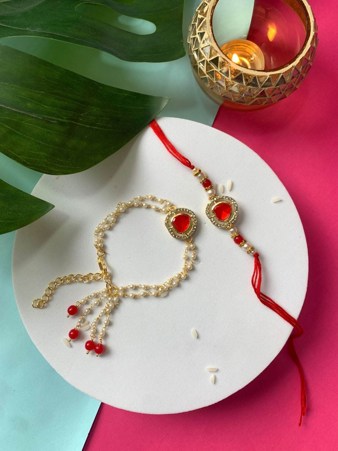 

I Jewels Bhaiya Bhabhi Rakhi Set with Roli Chawal & Card, Gold