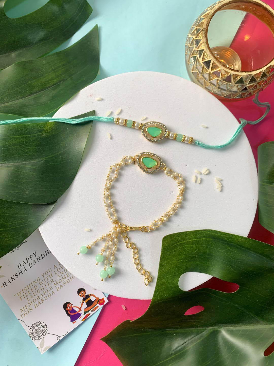 

I Jewels Bhaiya Bhabhi Rakhi Set with Roli Chawal & Card, Gold
