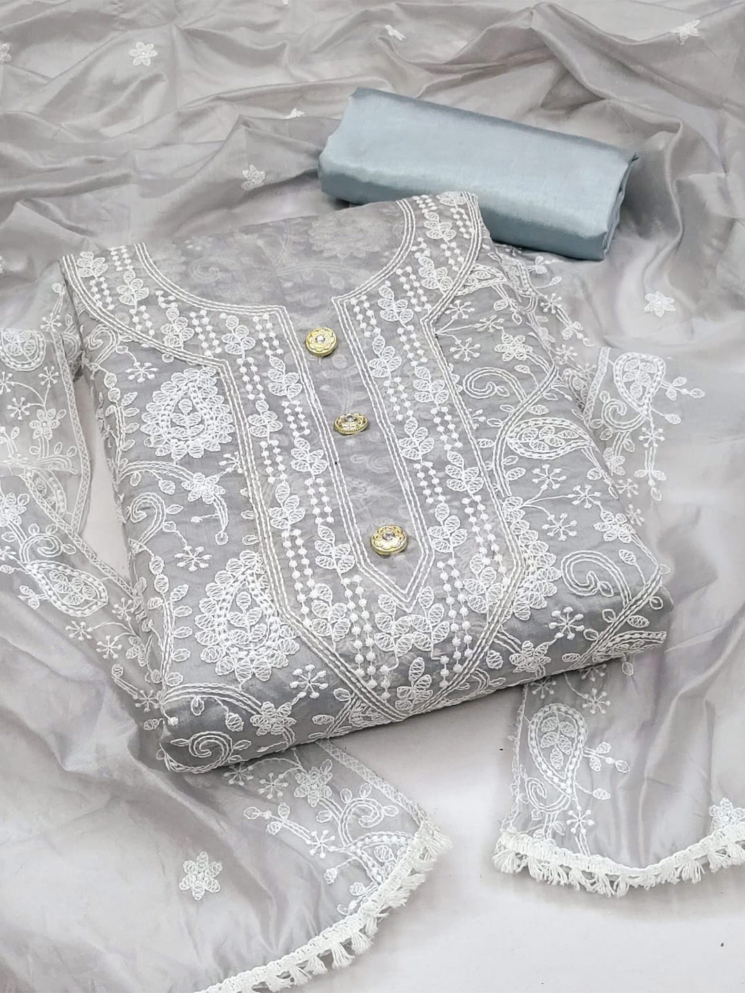 

ZEEPKART Ethnic Motifs Embroidered Unstitched Dress Material, Grey