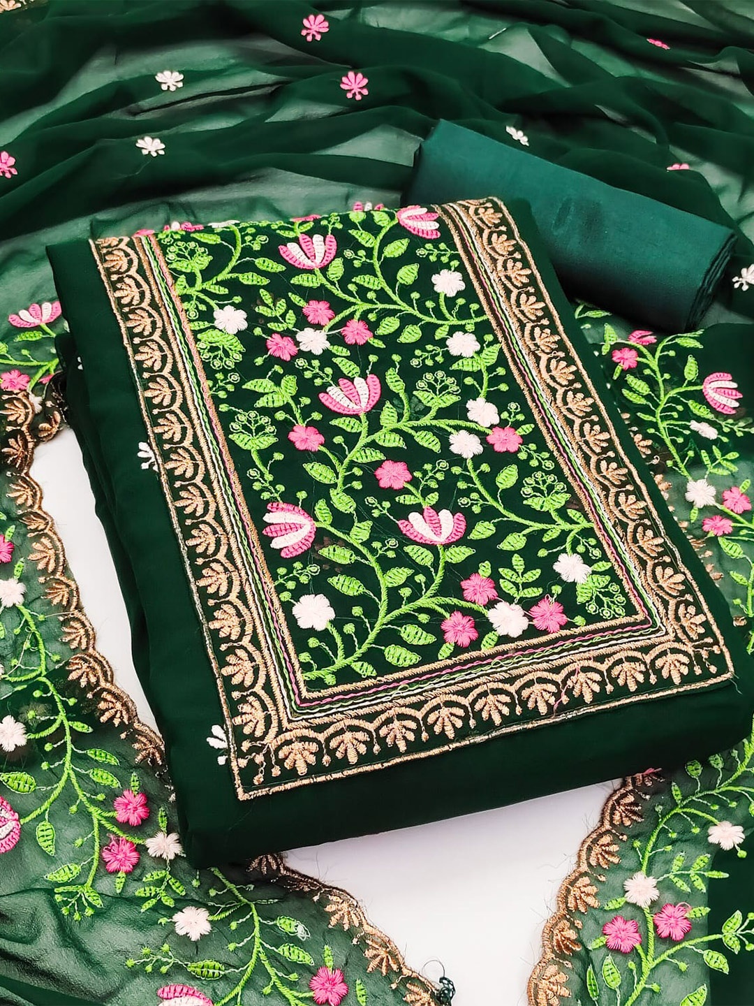 

ZEEPKART Floral Embroidered Unstitched Dress Material, Green