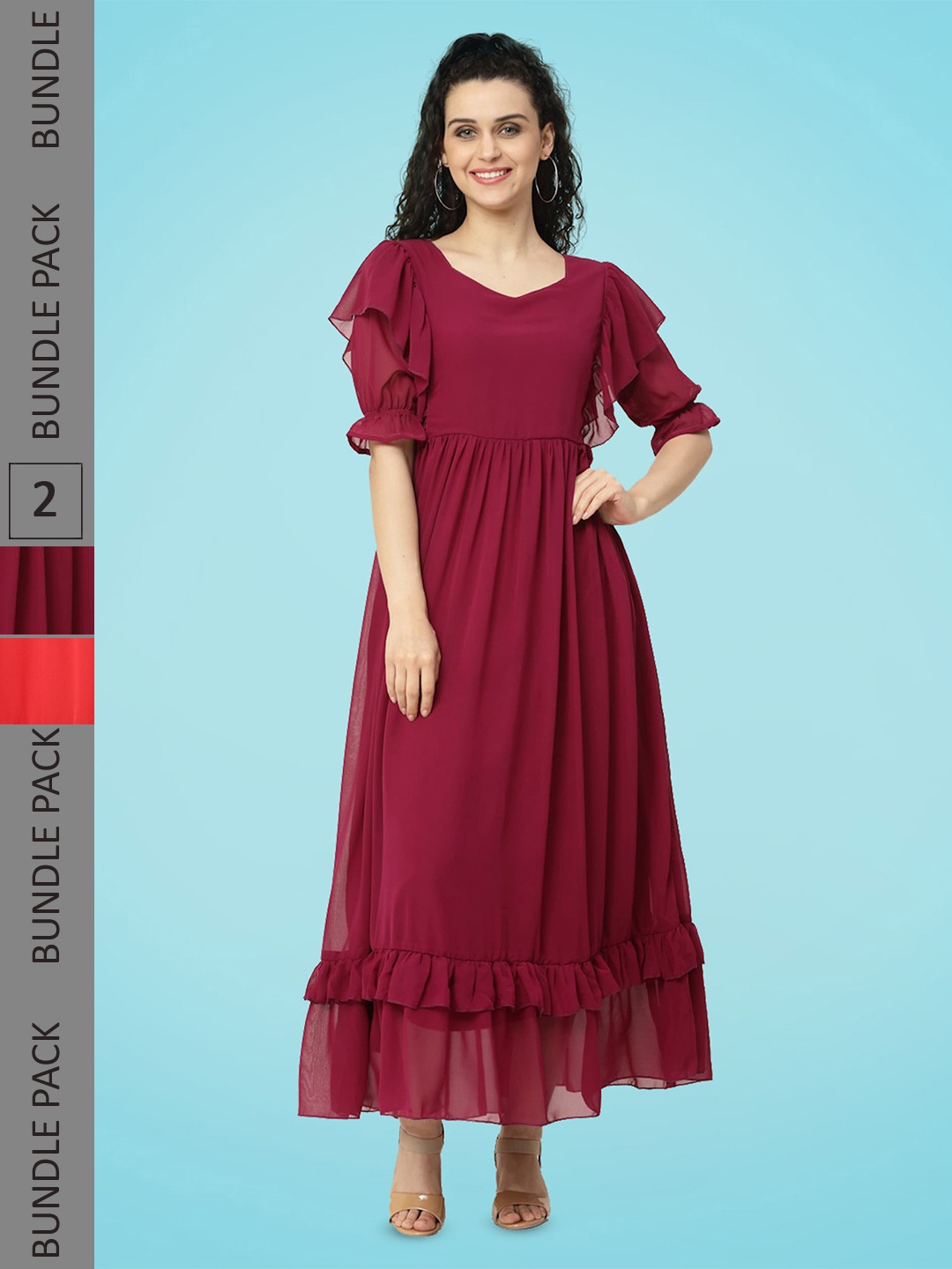 

MISS AYSE Pack Of 2 Puff Sleeves Ruffles Detail Maxi Dress, Maroon