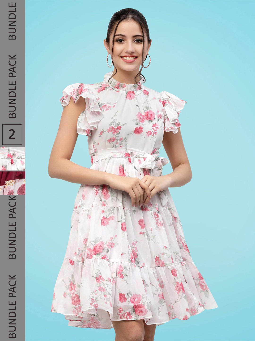

MISS AYSE Pack Of 2 Floral Printed Tiered Fit & Flare Midi Dress, White
