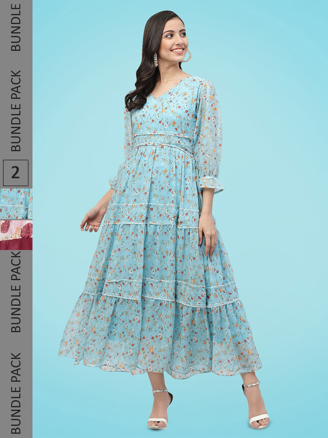 

MISS AYSE Pack Of 2 Floral Printed Georgette Fit & Flare Dress, Blue