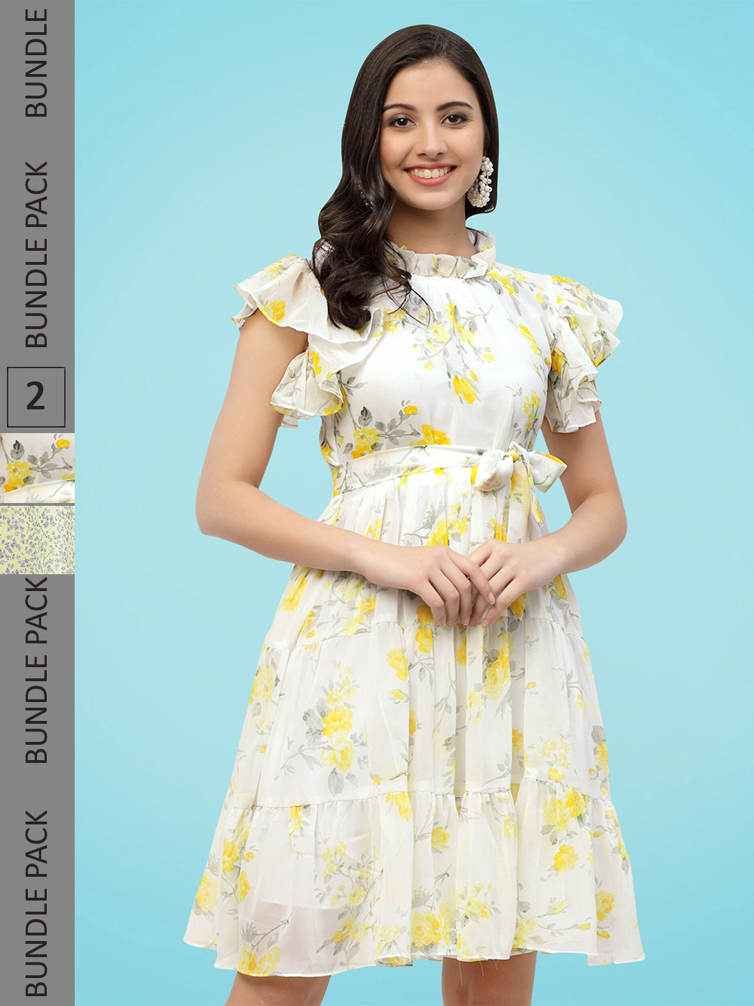 

MISS AYSE Pack Of 2 Floral Printed High Neck Flutter Sleeves Georgette Fit & Flare Dresses, Yellow