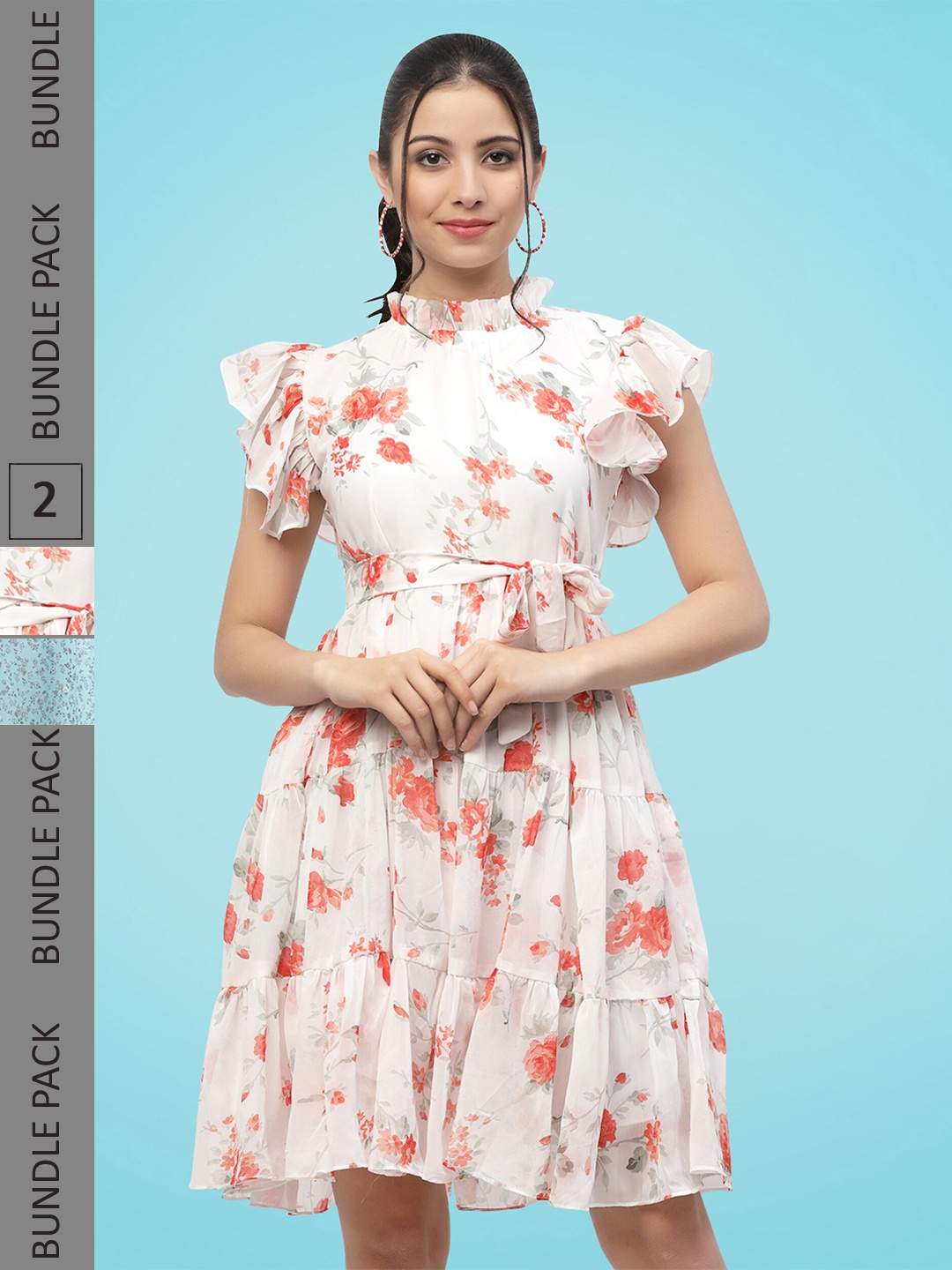

MISS AYSE Pack Of 2 Floral Printed Short Sleeve Georgette Fit & Flare Dress, White