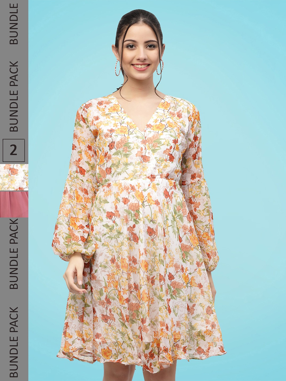 

MISS AYSE Pack Of 2 Floral Printed Puff Sleeves Georgette Fit & Flare Dress, Orange