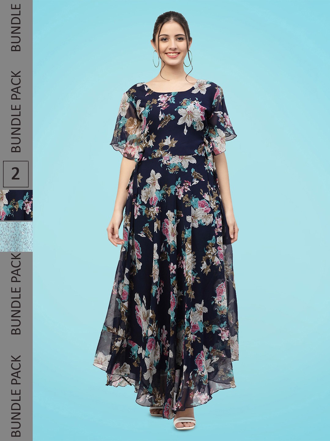 MISS AYSE Pack Of 2 Floral Printed Flared Sleeve Georgette Maxi Dress, Navy blue