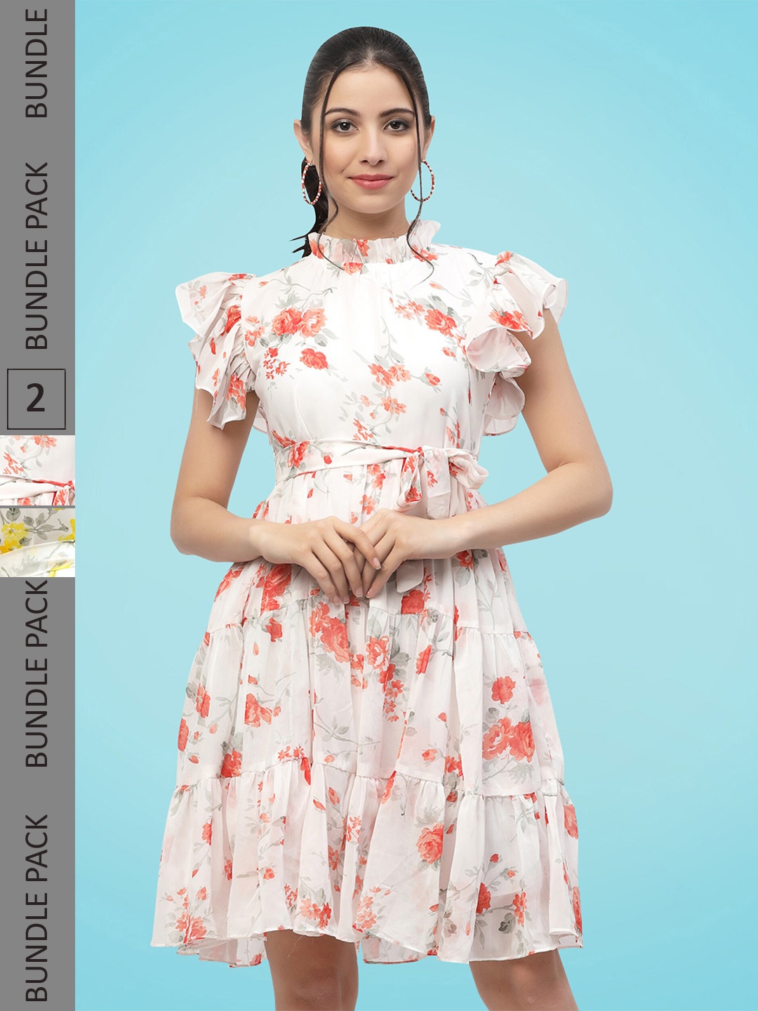 

MISS AYSE Pack Of 2 Floral Printed Georgette A Line Dress, White