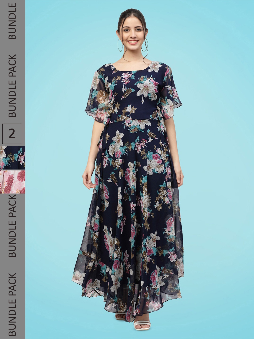 

MISS AYSE Pack Of 2 Floral Printed Georgette Fit & Flare Dress, Navy blue