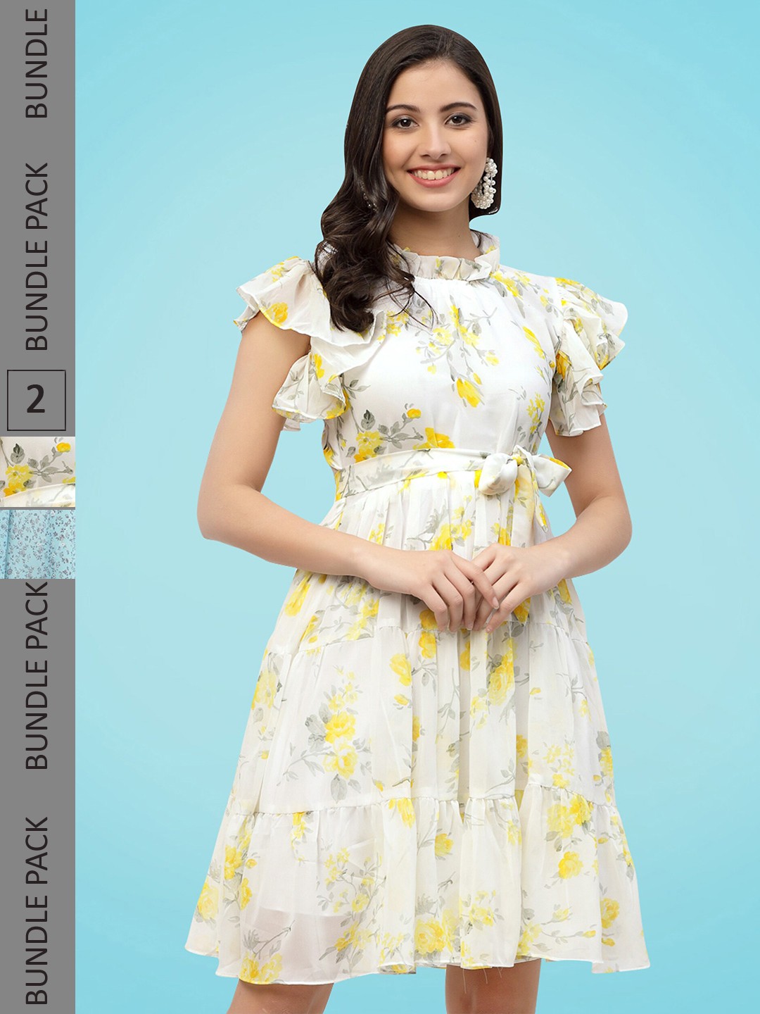 

MISS AYSE Pack Of 2 Floral Printed Short Sleeve Georgette Fit & Flare Dress, White