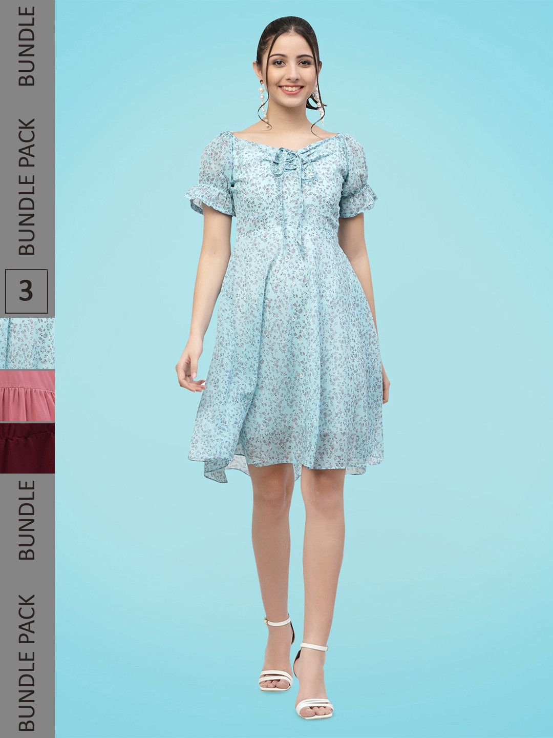 

MISS AYSE Pack Of 3 Gathered Georgette Fit & Flare Dress, Blue
