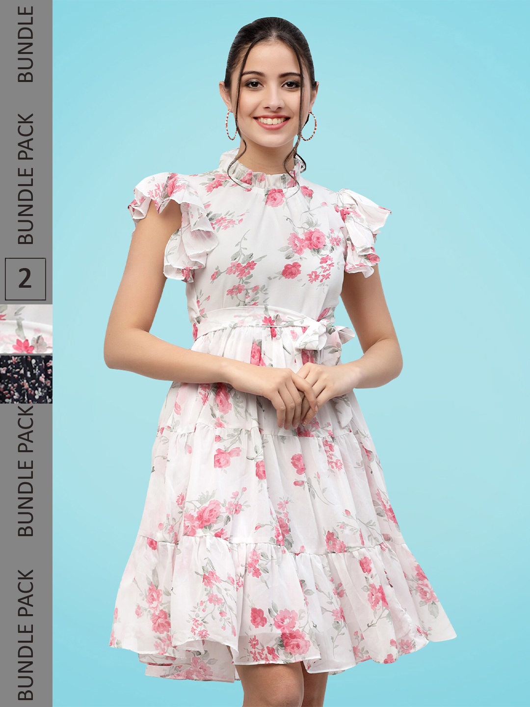 

MISS AYSE Pack Of 2 Floral Printed Georgette Fit & Flare Dress, Black