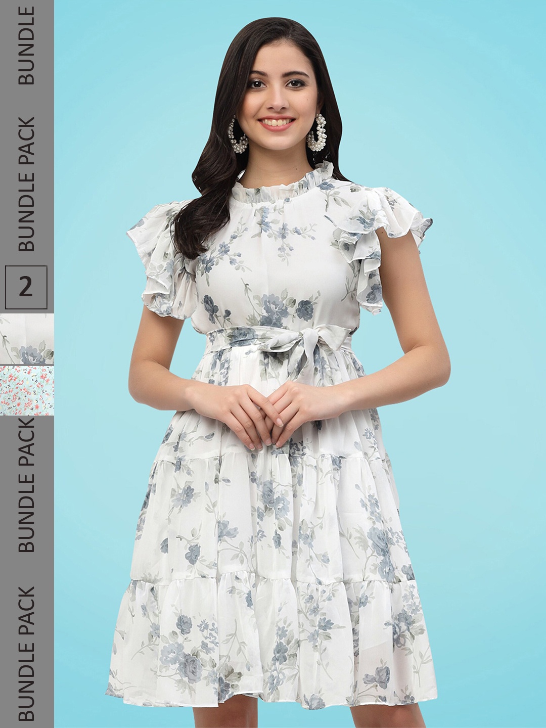 

MISS AYSE Pack of 2 Floral Printed Puff Sleeve Georgette Fit & Flare Dress, Blue