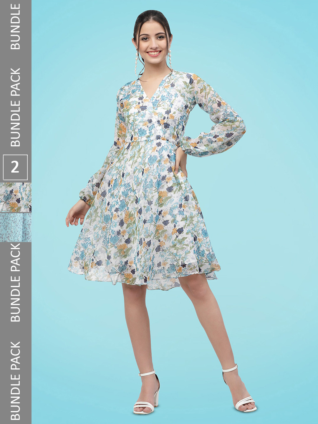 

MISS AYSE Pack Of 2 Floral Printed Georgette Fit & Flare Dress, Blue