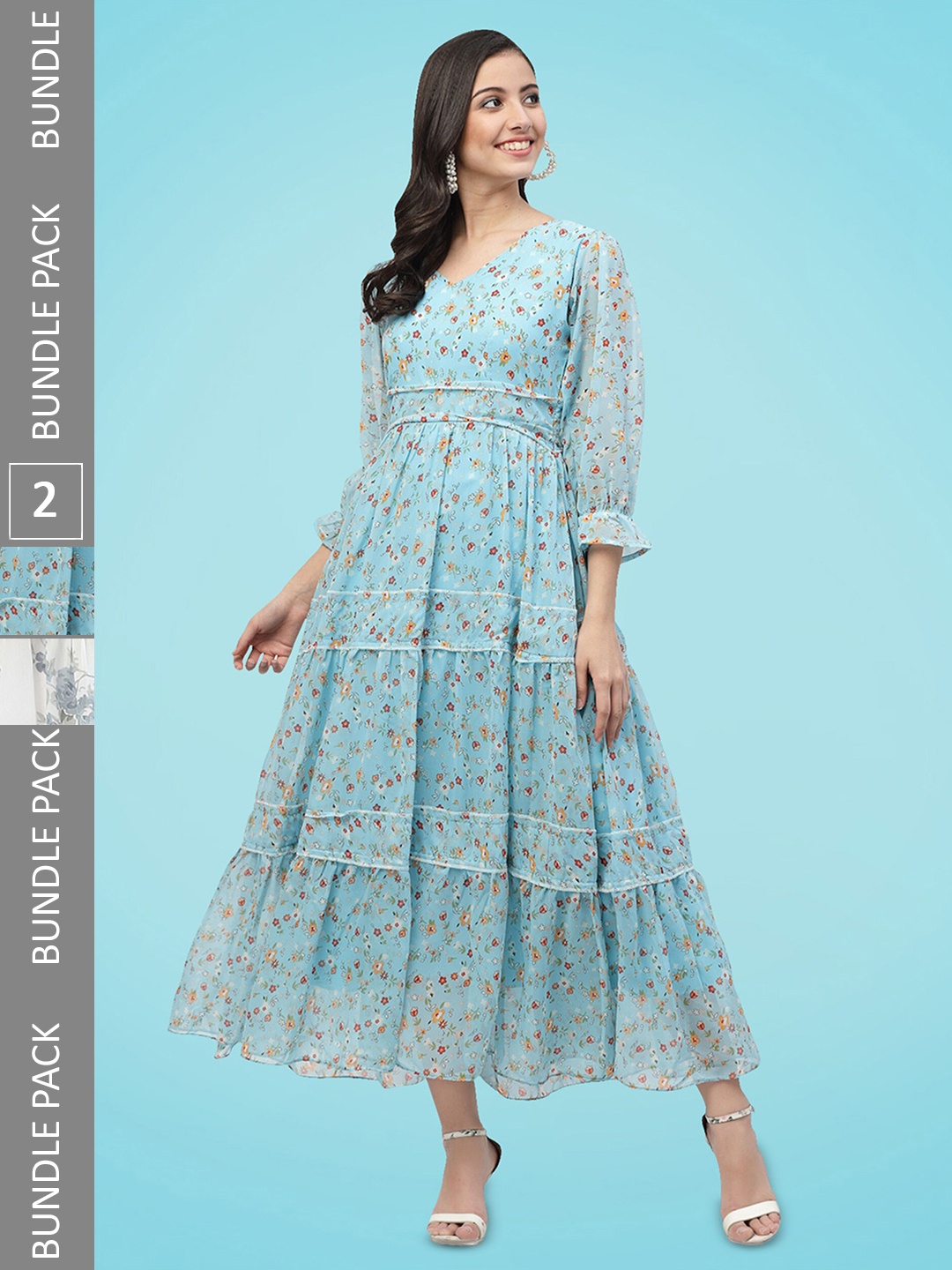 

MISS AYSE Pack Of 2 Floral Printed Tiered Georgette Fit & Flare Dresses, Blue