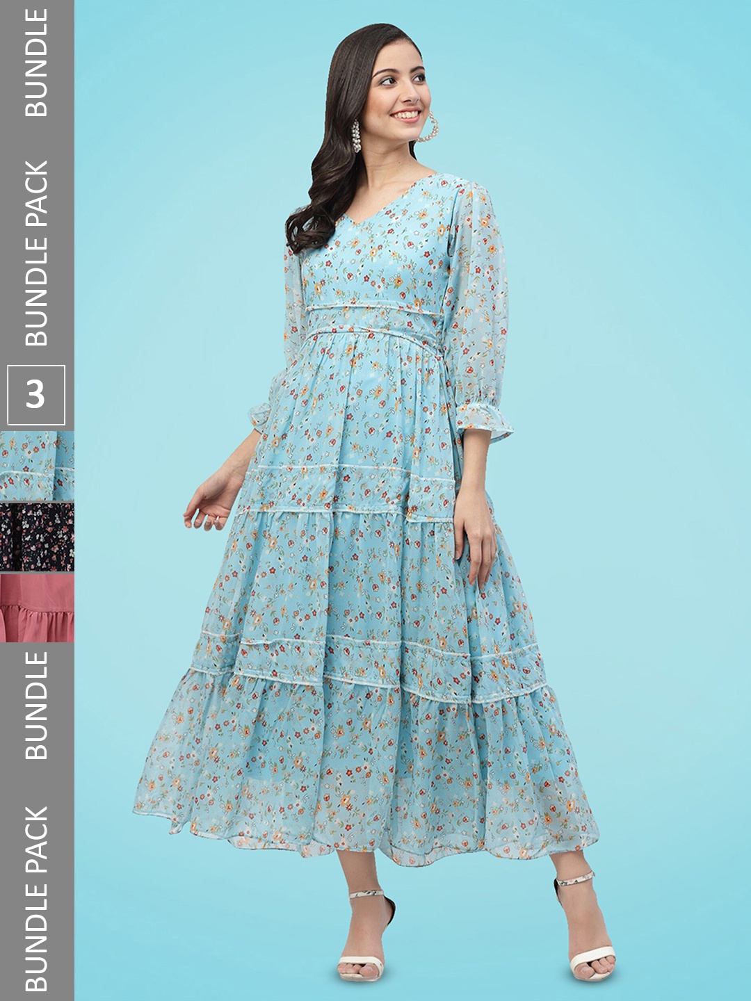 

MISS AYSE Pack Of 3 Floral Printed Maxi Dress, Blue