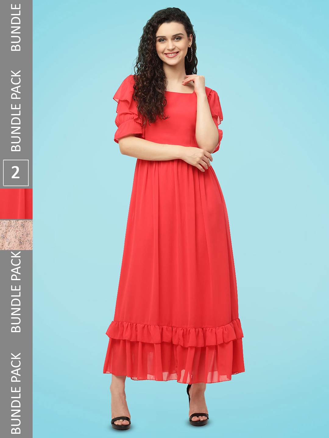 

MISS AYSE Pack of 2 Flared Sleeve Georgette Fit & Flare Dress, Red