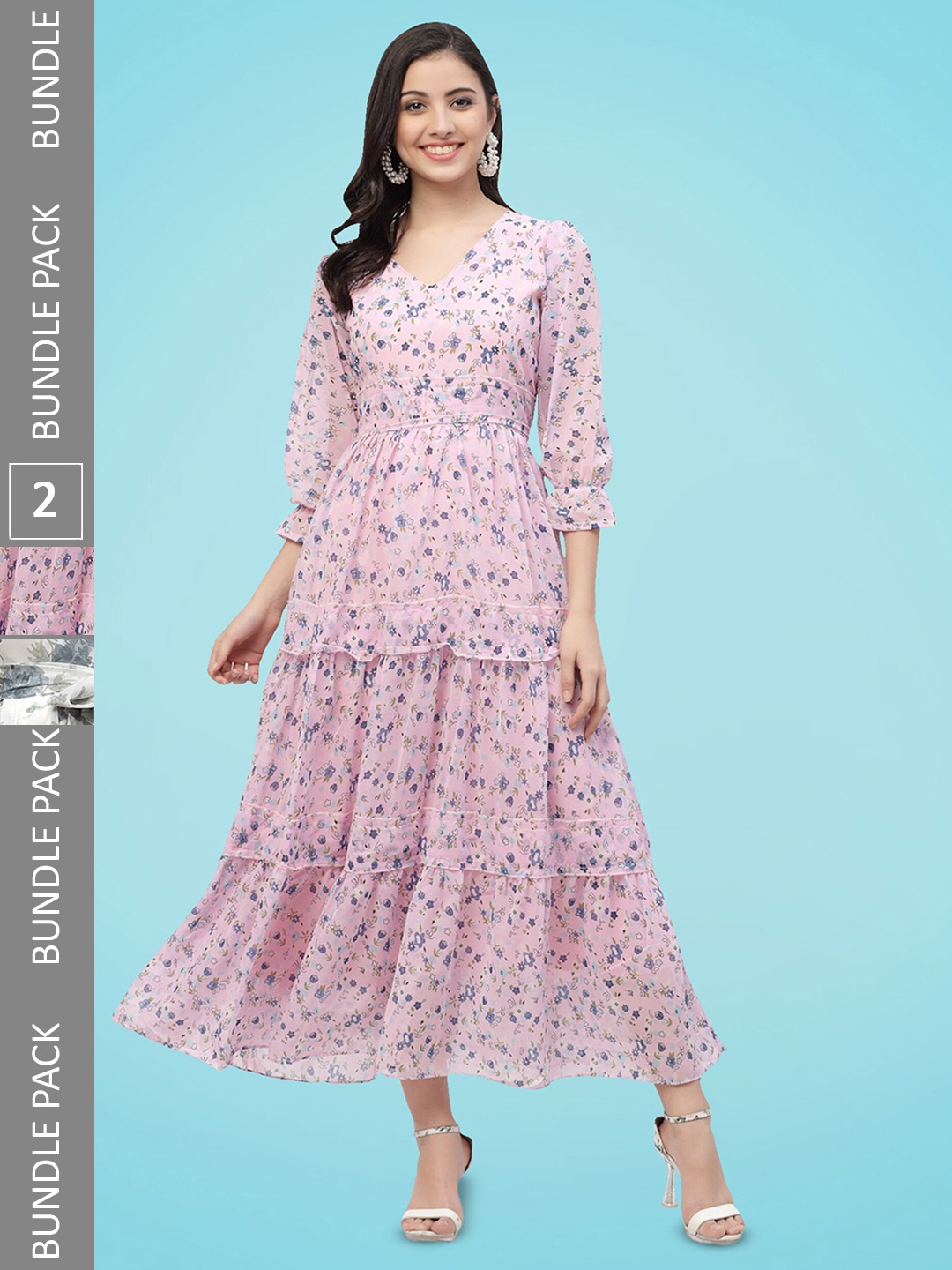 

MISS AYSE Pack Of 2 Floral Printed Gathered Tiered Georgette Fit & Flare Dress, Purple