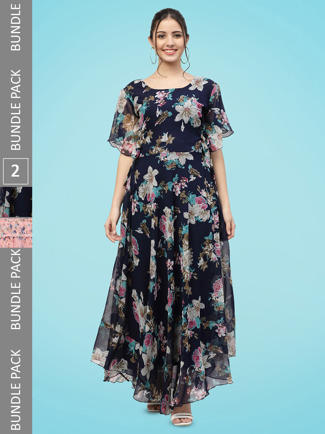 

MISS AYSE Pack Of 2 Floral Printed Flared Sleeves Maxi Dress, Navy blue