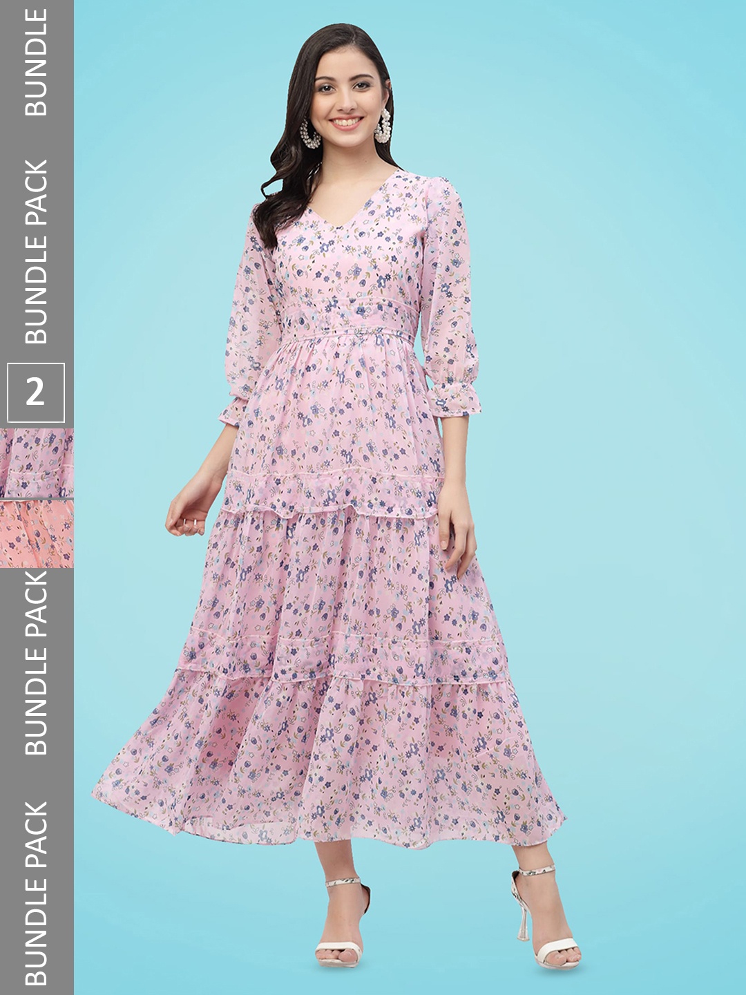 

MISS AYSE Pack Of 2 Floral Printed Georgette A Line Maxi Dress, Pink