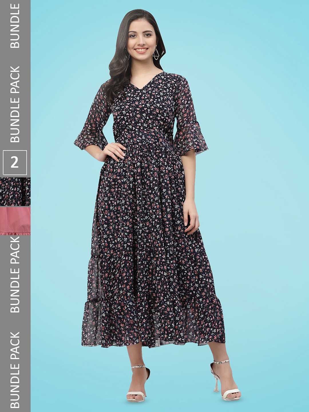 

MISS AYSE Pack of 2 Floral Printed Georgette Fit & Flare Maxi Dress, Black
