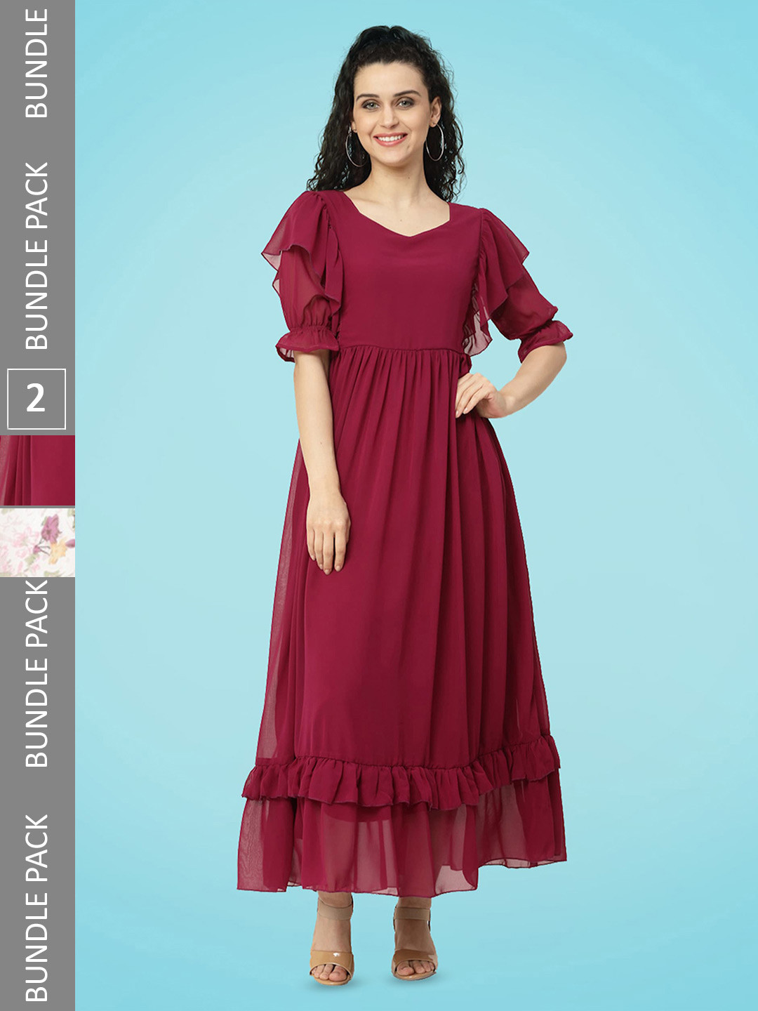 

MISS AYSE Pack Of 2 Floral Printed Georgette Maxi Dress, Maroon