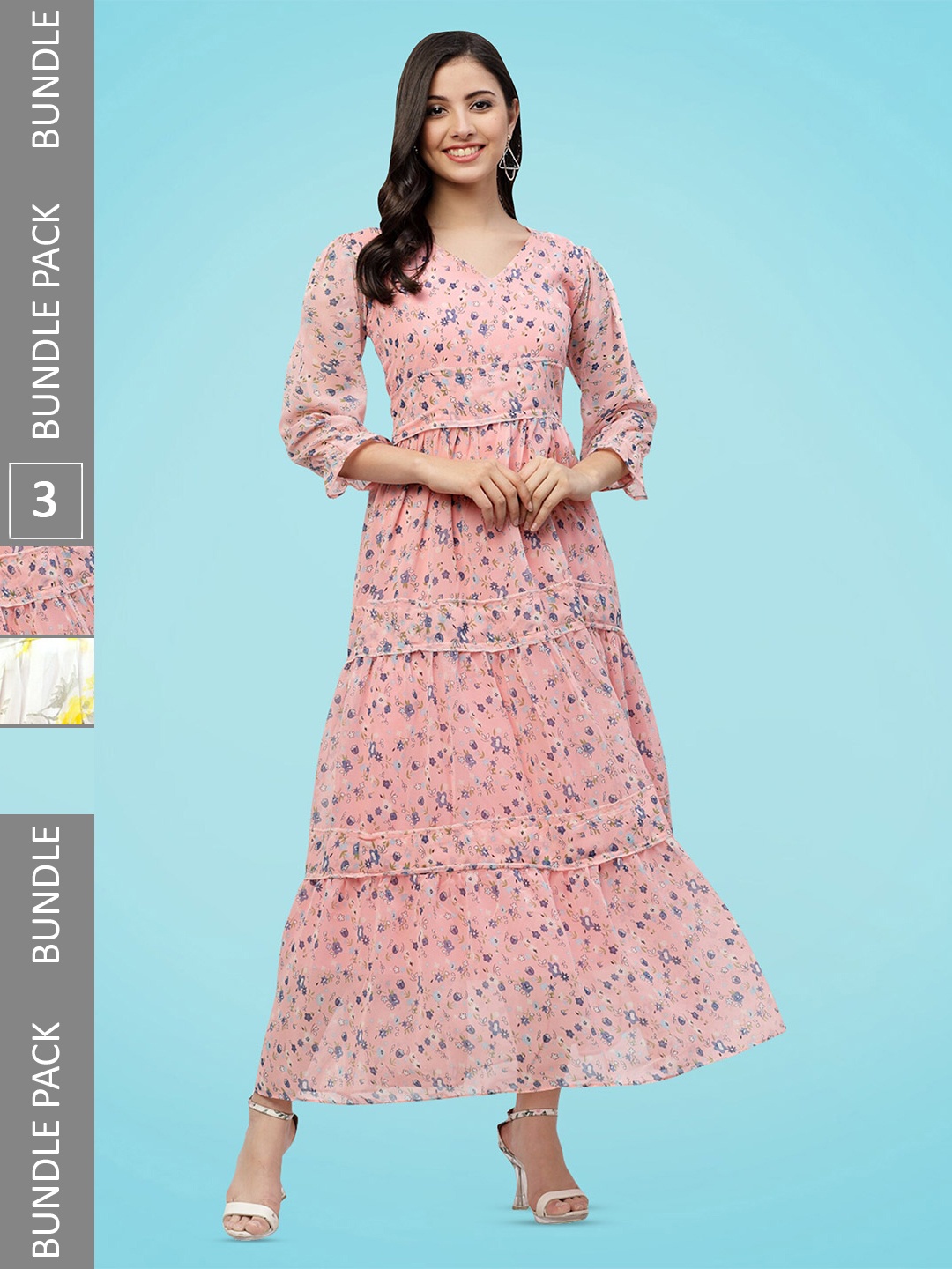 MISS AYSE Pack Of 3 Floral Printed V-Neck Maxi Dress, Pink