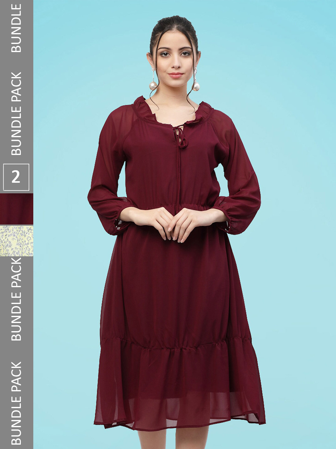 

MISS AYSE Pack Of 2 Tie Up Neck Georgette Fit & Flare Midi Dresses, Burgundy