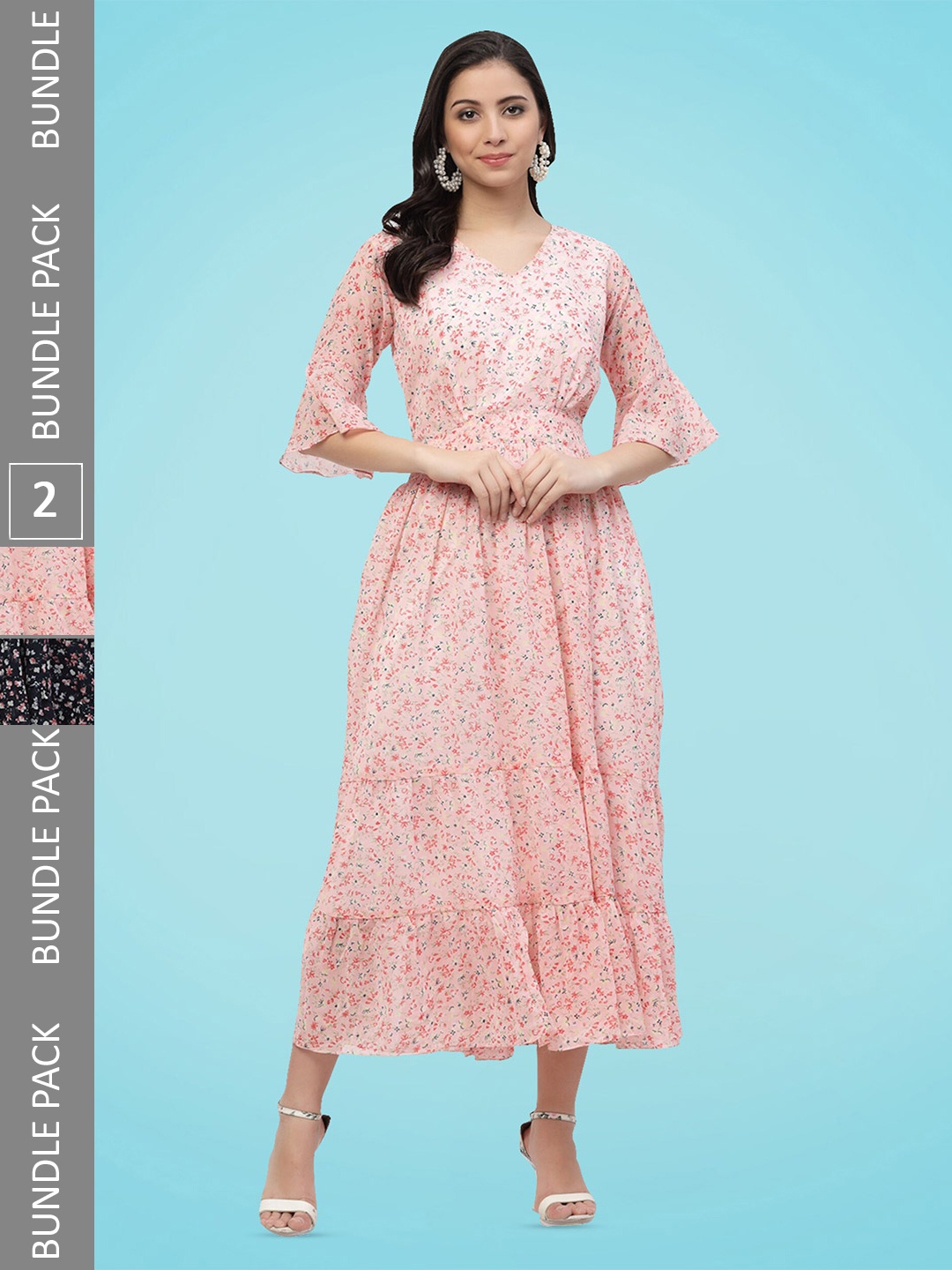 

MISS AYSE Pack Of 2 Floral Printed Bell Sleeves Georgette Fit & Flare Dress, Pink