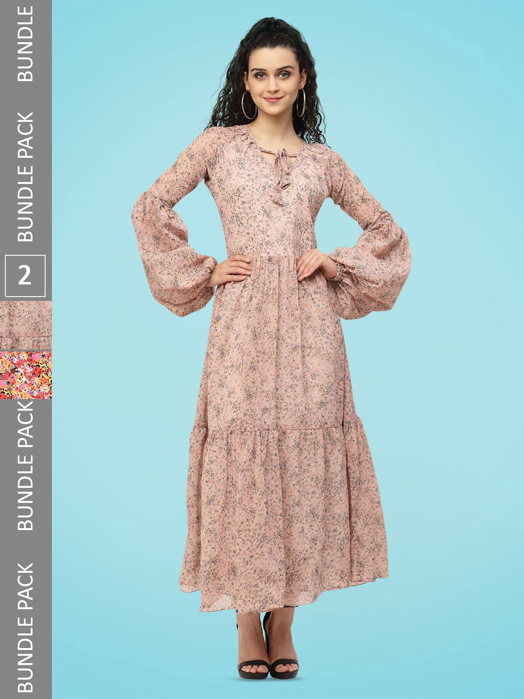 

MISS AYSE Pack of 2 Floral Printed Puff Sleeve Georgette Fit & Flare Dress, Pink