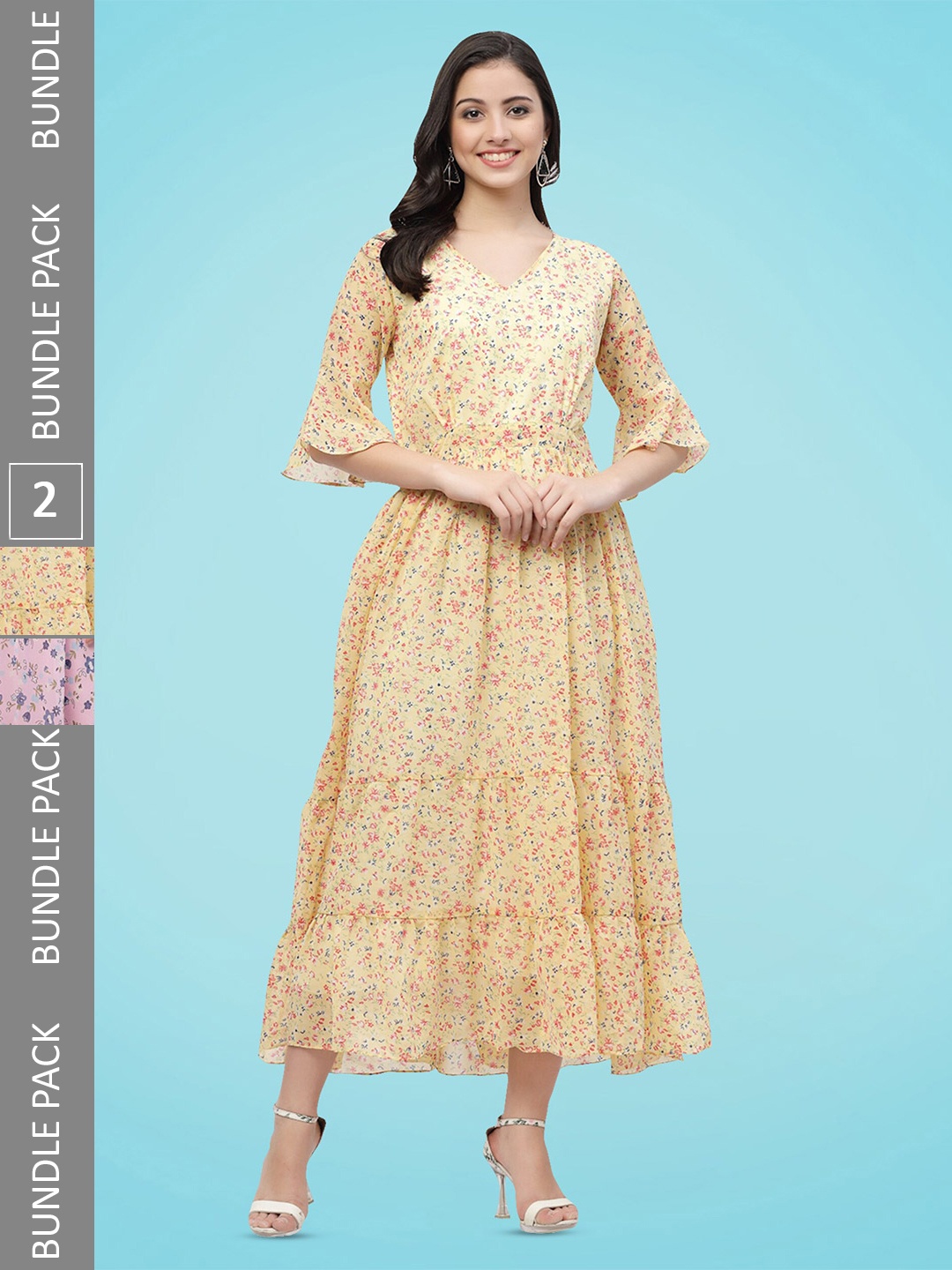 

MISS AYSE Pack Of 2 Floral Printed Bell Sleeves Layered Georgette Fit & Flare Midi Dress, Yellow