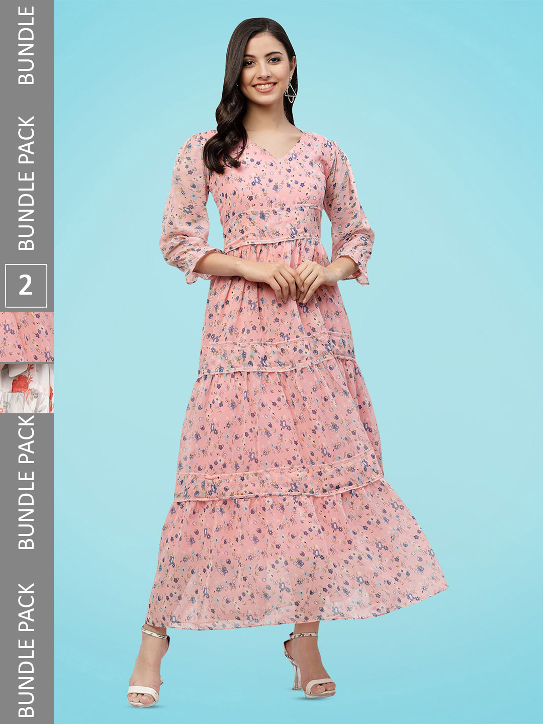 

MISS AYSE Pack Of 2 Floral Printed Tiered Georgette Fit & Flare Dresses, Pink
