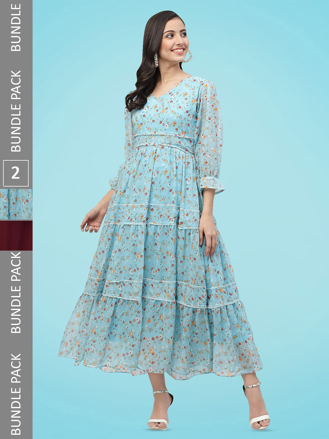 

MISS AYSE Pack Of 2 Floral Printed Bell Sleeves Georgette Fit & Flare Maxi Dresses, Blue